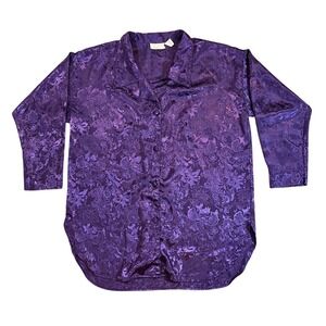 Victoria's Secret Gold Label Purple Satin Jacquard Pajama Shirt Floral Vintage
